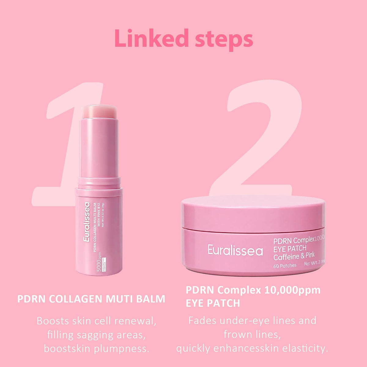 PDRN Collagen Multi Balm Stick & Eye Patches Set, Pink B12 & Caffeine under Eye Care, 0.32 Oz Balm + 60 Patches